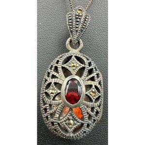 Vintage Sterling Silver Garnet Marcasite Locket Necklace Signed RINC